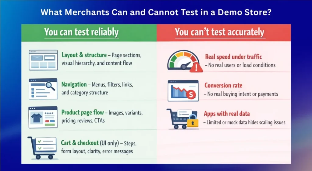 What merchants can and can not test in a Shopify demo store?